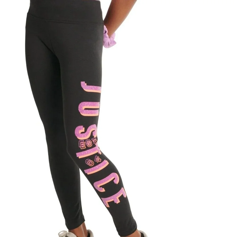 JUSTICE Graphic Leggings Glittery Logo Full Length GIRLS SIZE S 7-8 Black NEW